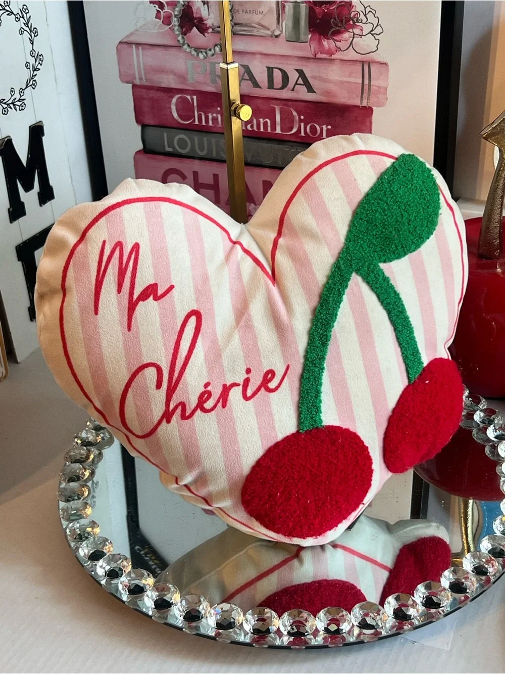 Ma Chérie Pink Stripe Heart Pillow with Cherry Appliqué